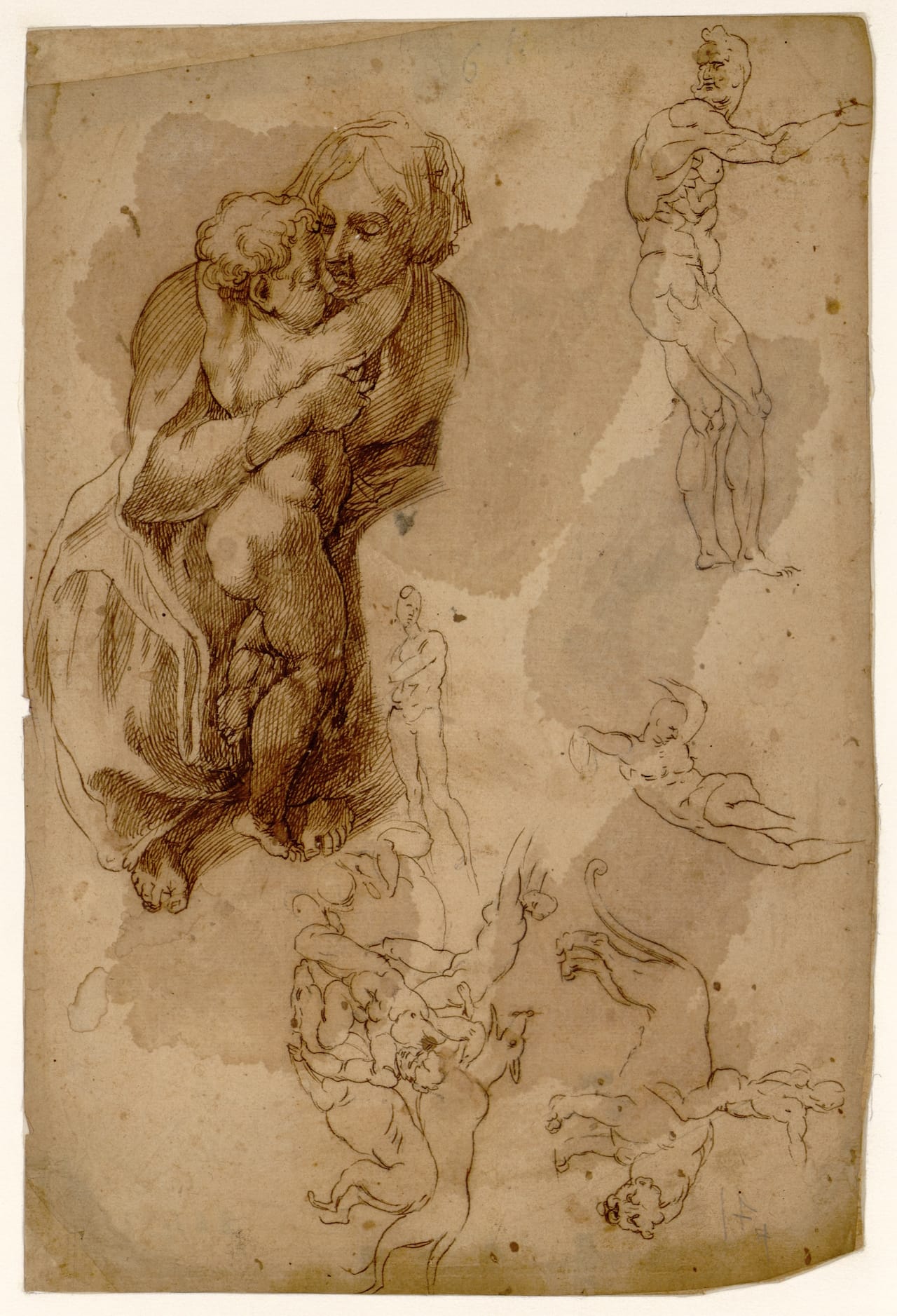 Unknown draughtsman after Michelangelo Buonarroti, "Sheet of studies with the Virgin embracing the Infant Jesus" (c.1508) (Musée Fabre, Montpellier; © Musée Fabre de Montpellier Méditerranée Métropole)