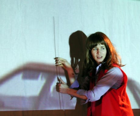 Photo documentation of "The Swan Tool," performance by Miranda July, 2001, photograph by David Nakamoto (via ocma.net)