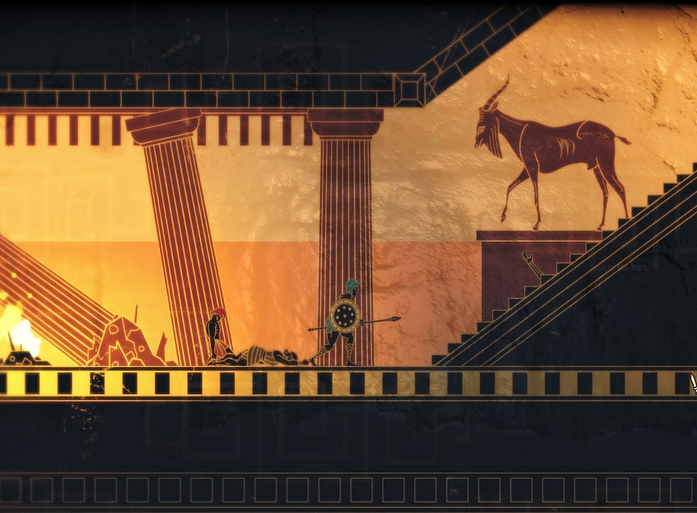 A temple in collapse in 'Apotheon,' a video game influenced by Greek vases (all screenshots by the author for Hyperallergic)