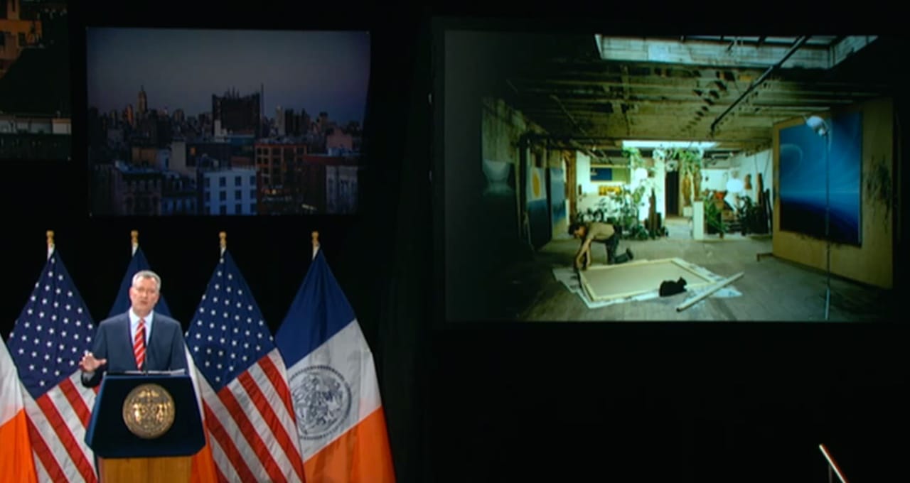 New York City Mayor Bill de Blasio discussing affordable artists' housing during his 2015 State of the City speech (screenshot by the author for Hyperalleric)
