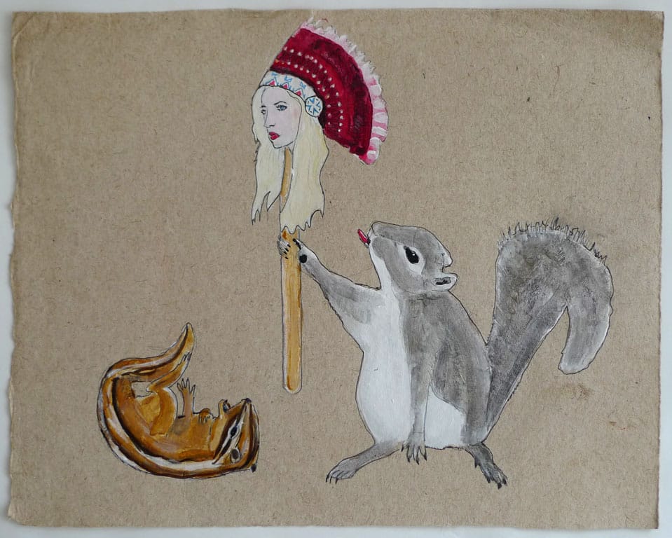 Julie Buffalohead, "Christina Fallin on a Stick" (2014), acrylic, ink, and graphite on lokta paper, 12 3/8 x 15 ½ inc (courtesy Bockley Gallery)