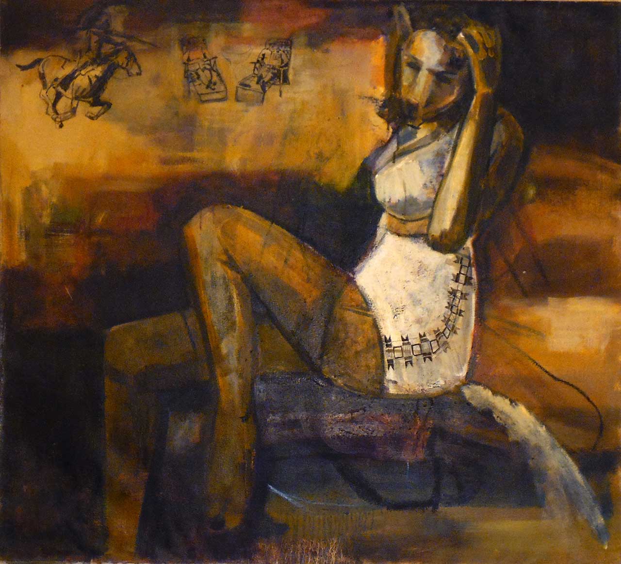 Julie Buffalohead, "Coyote Dreams as a Pinup Girl" (2002), oil on canvas, 43 x 47 ½ in (collection of the artist) (click to enlarge)