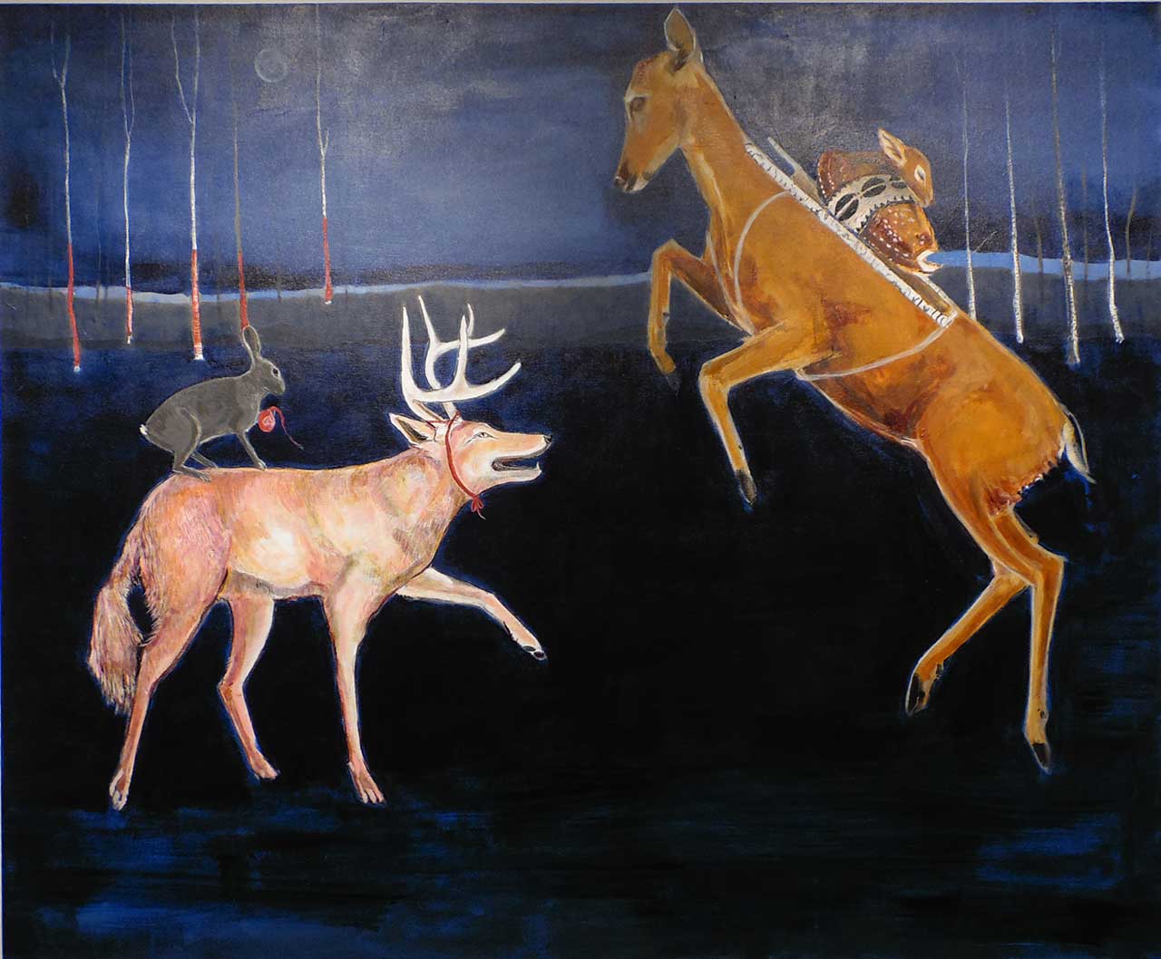 Julie Buffalohead, "The Heist" (2014), oil on canvas, 54 x 66 in (collection of the artist) (all images courtesy the Minnesota Museum of Modern Art)