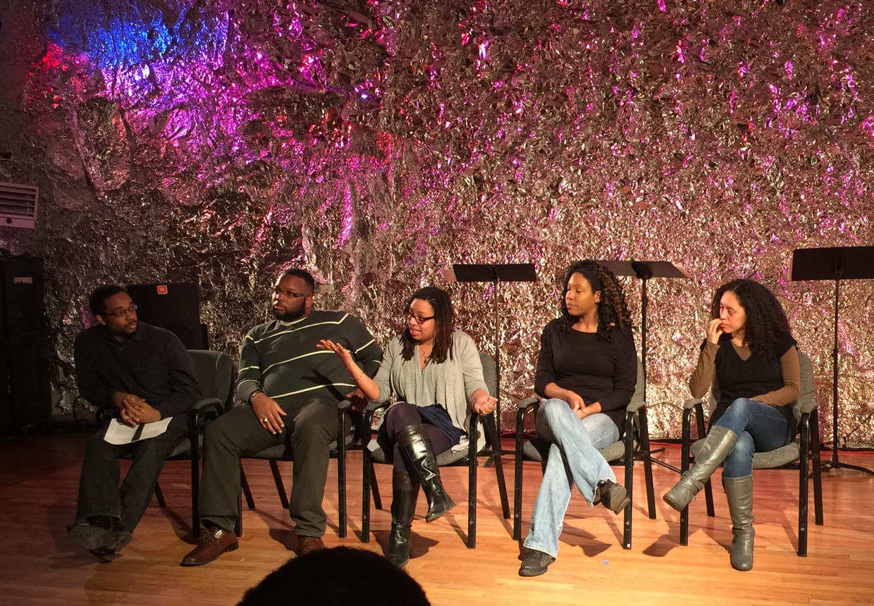 Seth Diggs, Justin Thomas, Courtney Harge, Lauren Lattimore and Wi-Moto Nyoka during the post-reading discussion at JACK, Brooklyn, Feb 8, 2015. (photo by author for Hyperallergic)
