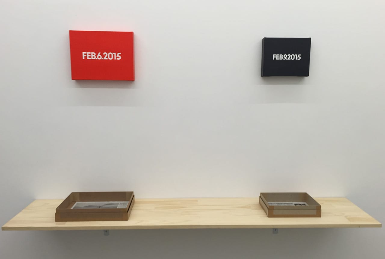 A view of Eric Doeringer's On Kawara inspired exhibition. (photo by the author for Hyperallergic)