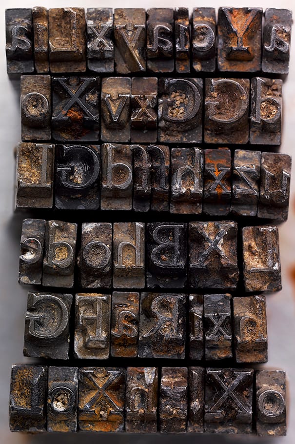 The Doves Type recovered from the River Thames (photograph by Sam Armstrong, via Typespec)