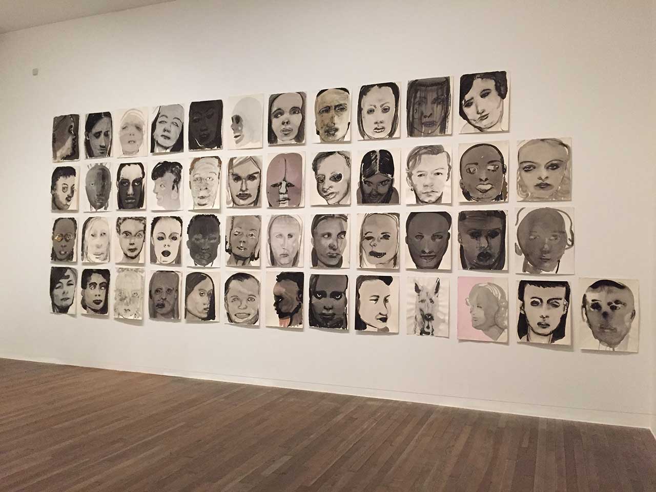 Marlene Dumas, ‘Rejects’ (1994–ongoing), ink, acrylic paint and chalk on paper, unfinished series, 60 x 50 cm each, collection of the artist (photo by the author for Hyperallergic)