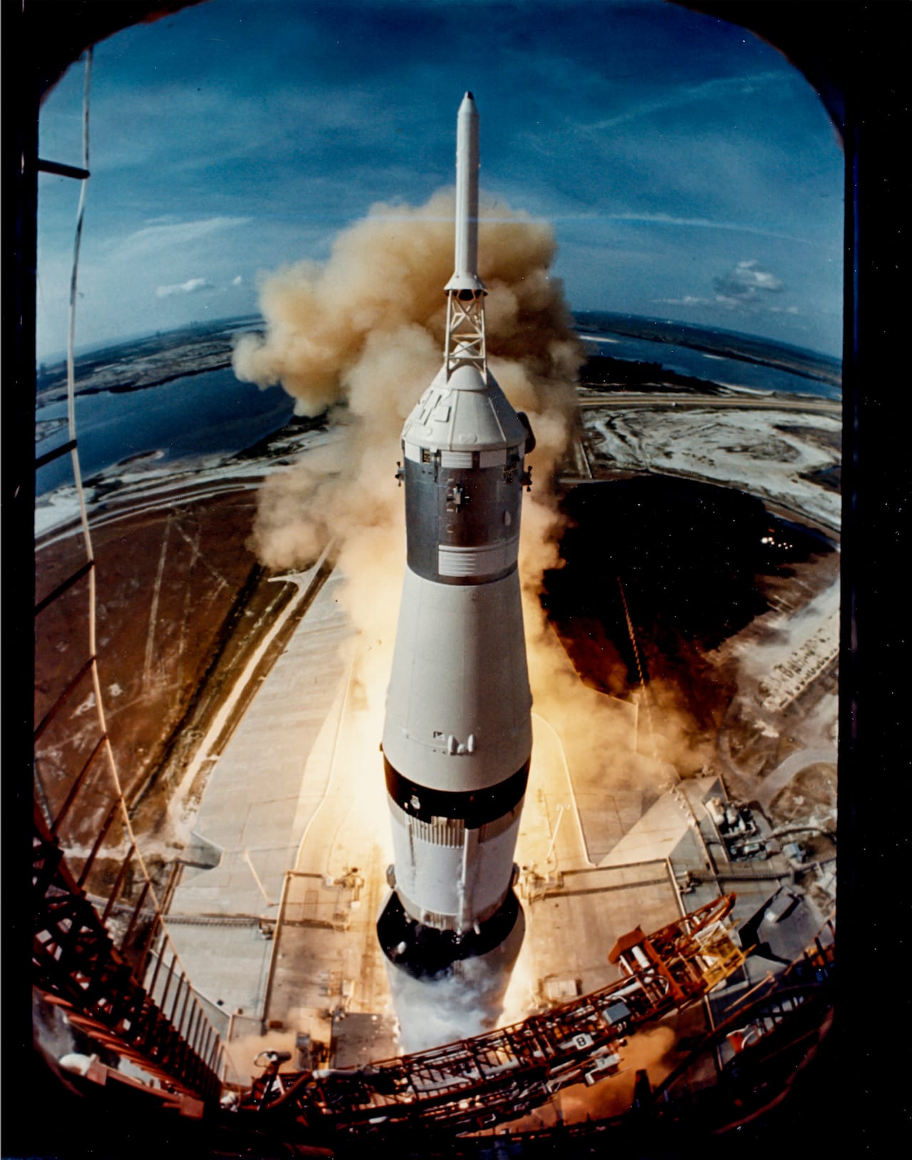 Ralph Morse Apollo 11 lifts off on its historic flight to the Moon, 16 July 1969 Large-format vintage chromogenic print on resin coated Kodak paper, borderless, 35.2 x 27.5cm, “A  Kodak Paper” watermark on verso Perhaps Morse’s greatest image for Life Magazine: “You have to realize that the rocket had to go  through the camera, in a sense. It had to go through the camera’s field of view. It took me two years  to get NASA to agree to let me make this shot. Now, RCA had the camera contract at Cape Canaveral  at that time, and they had a steel box-with optical glass-attached to the launch platform. We  negotiated a deal with them and I was able to put a Nikon, with maybe 30 or 40 feet of film, inside  the box, looking out through the glass. The camera was wired into the launch countdown, and at  around minus-four seconds the camera started shooting something like ten frames per second.”  Ralph Morse&nbsp; Est. £1,000-1,500 Reproduction, © Bloomsbury Auctions