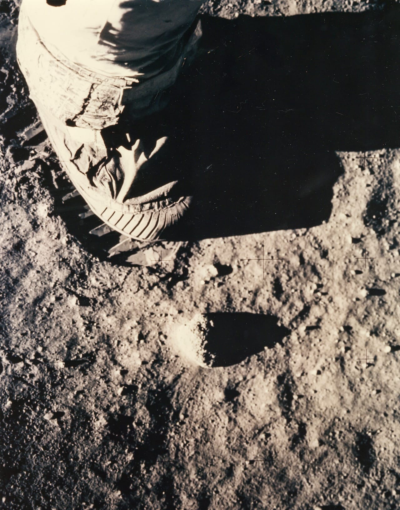 Buzz Aldrin  Boot print on the lunar surface, Apollo 11, July 1969  Large-format vintage chromogenic print on fibre-based Kodak paper, 36.5 x 28.2, image 34.3 x 27cm,   “A Kodak Paper” watermark and US army caption on verso, [NASA negative number AS11-40-5880]  “This is the result of six billion years of evolution. Tonight, we have given the lie to gravity. We have   reached for the stars.” Ray Bradbury, BBC TV, 20 July 1969  Est. £3,000-5,000