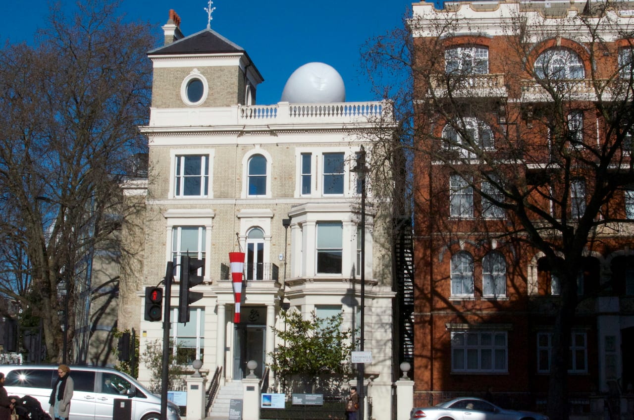 Exterior view of The Mosaic Rooms, with -The Evidence of Absence- (2015) by David Birkin on display