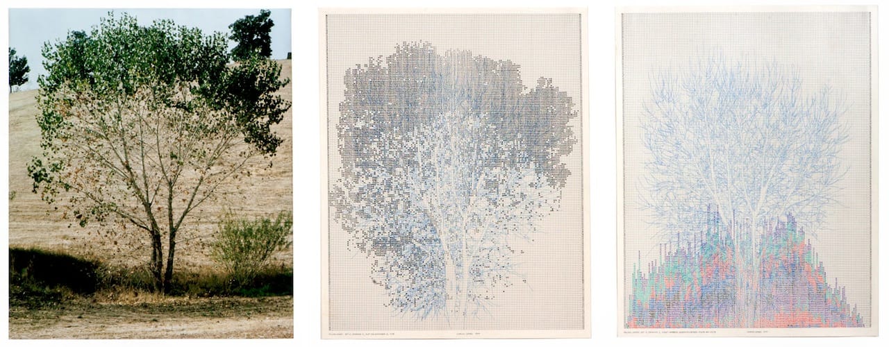 Charles Gaines, "Falling Leaves #10" (1978), Color photograph, ink on paper. Three parts: 20 × 16 in. each; Collection of Daisy Addicott. Photo: Randy Vaughn-Dotta. (via hammer.ucla.edu)
