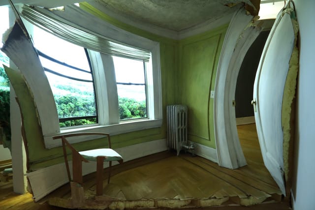 Patrick Jacobs, “Interior with View of the Gowanus Heights” (Detail of room installation) (2013-15), Cardboard, plastic, extruded styrene, expansion foam, extruded foam, lichen, paper maché, paper clay, plywood, wood veneer, glue, acrylic paint, lighting, Approx. 15 ‘ 11″ x 11′ x 10′ 9" (Image courtesy of the artist and Pierogi Gallery)