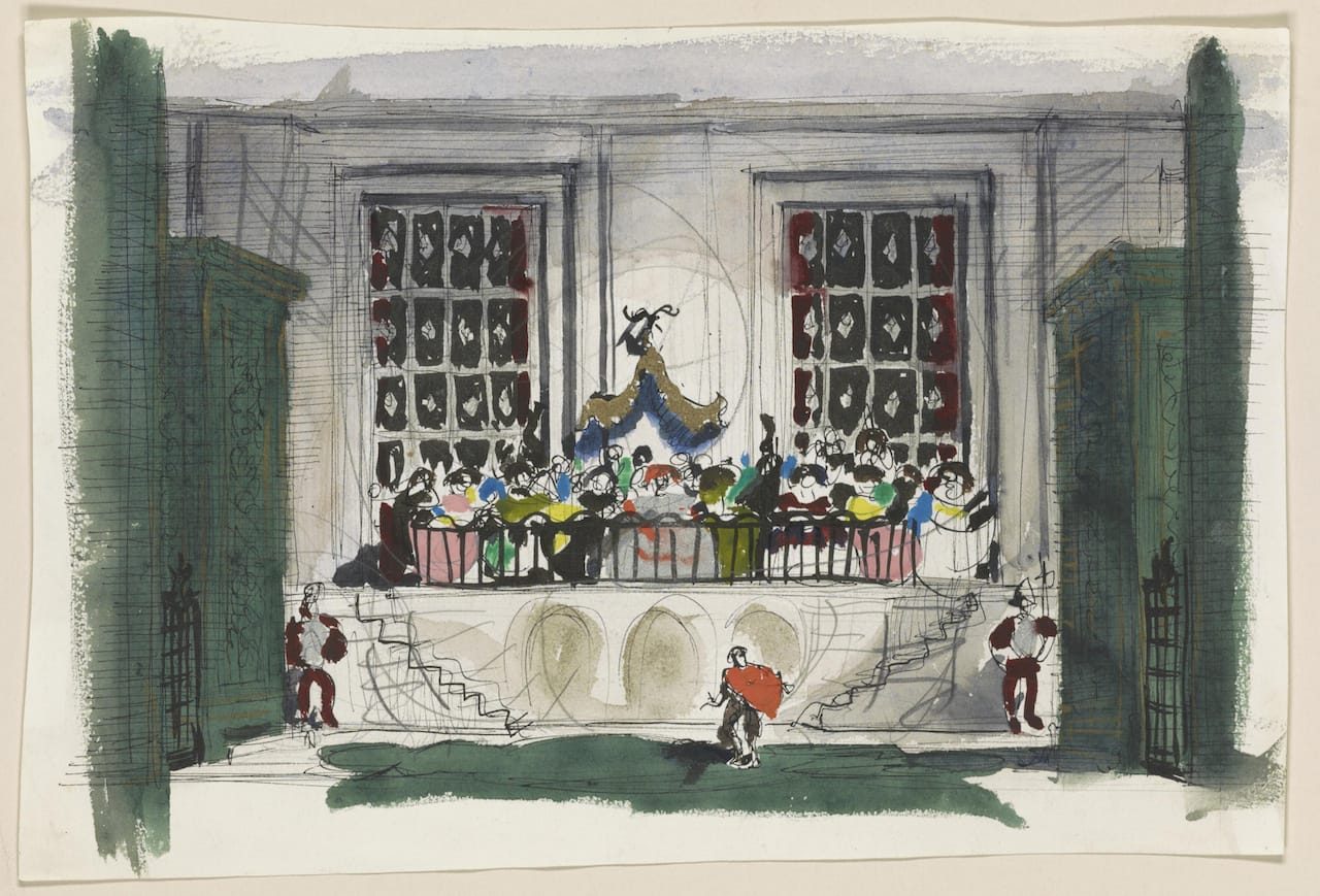 Robert Edmond Jones (1889–1954). Set Design for Scene I of The Birthday of the Infanta. Watercolors with graphite and ink. Music Division, Library of Congress