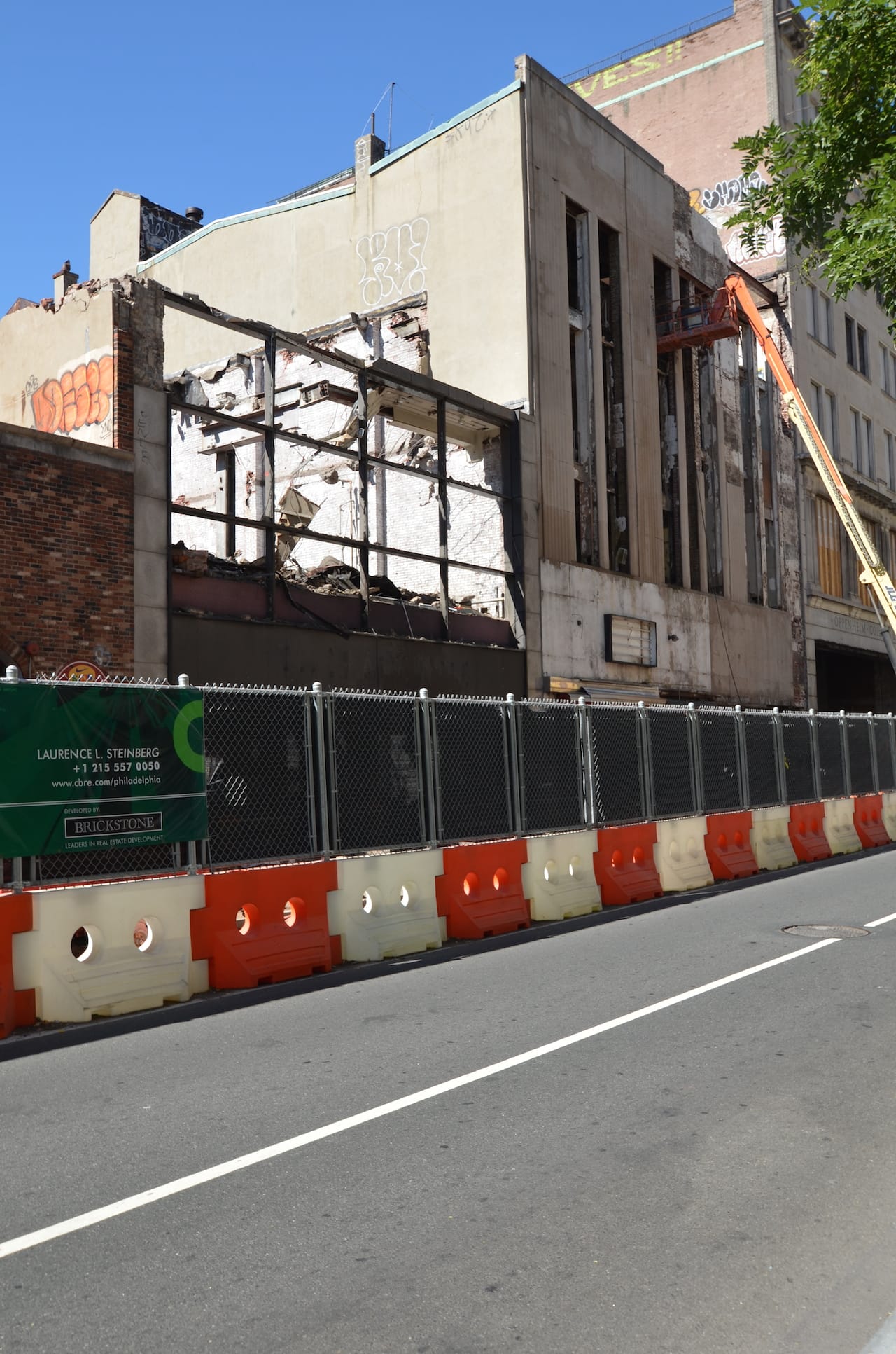 The demolition-in-progress of the Coward Shoes storefront (photograph by Ben Leech, Preservation Alliance for Greater Philadelphia)