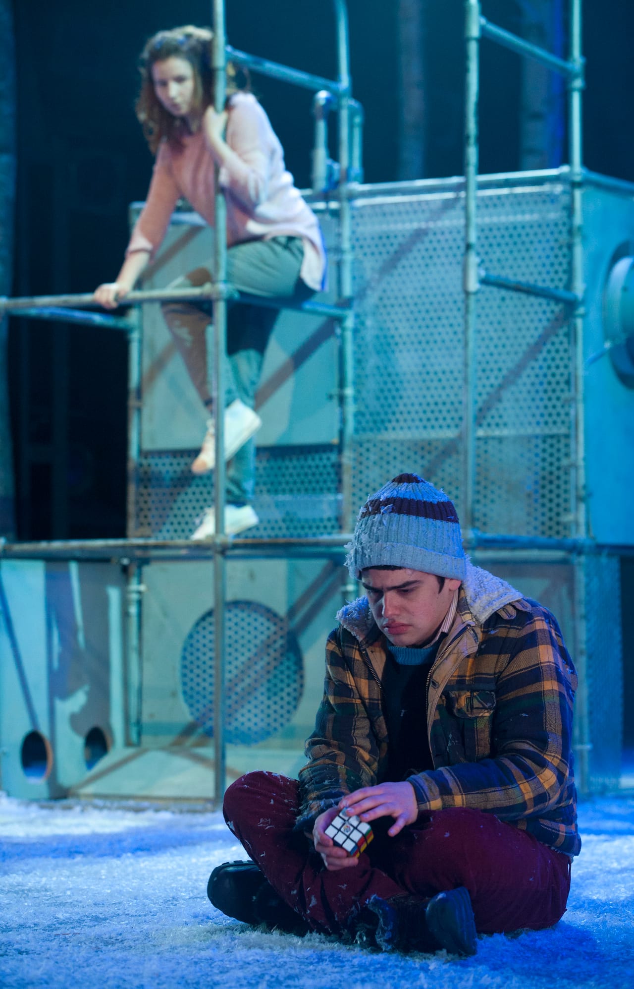 Cristian Ortega as Oskar, Rebecca Benson as Eli in Let the Right One In at St. Ann’s Warehouse (photograph by Pavel Antonov)