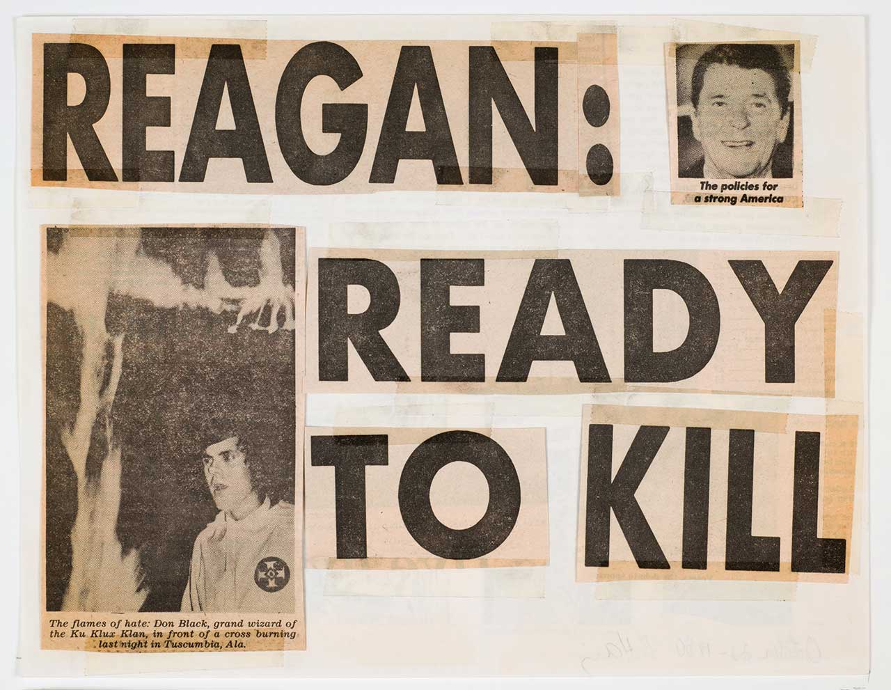 Keith Haring, "Reagan: Ready to Kill" (1980), newspaper fragments and tape on paper (from a series of 8), each 8 1/2 x 11 in (21.6 x 27.9 cm), Collection of the Keith Haring Foundation (© 2014, Keith Haring Foundation) (click to enlarge)