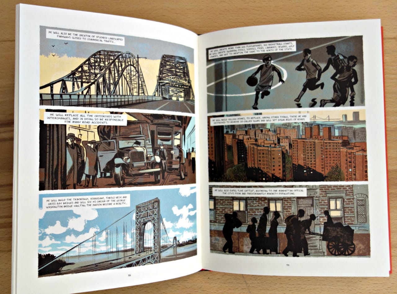 Pages from 'Robert Moses: The Master Builder of New York City' (photograph of the book by the author for Hyperallergic)