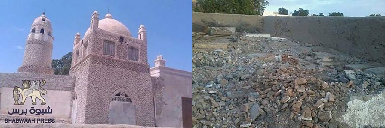 A view of the Sufi shrine before the destruction, left, and after, right. (images via )