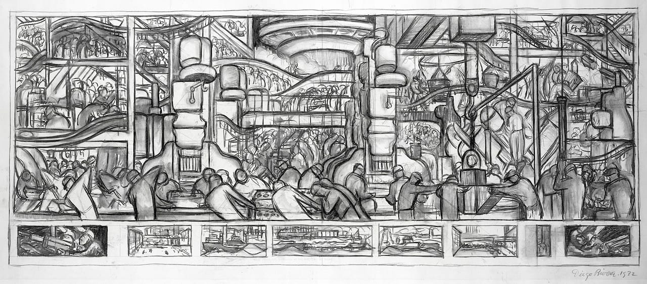 LMG112945 The Making of a Motor, cartoon for the north wall of the 'Detroit Industry' frescoes, 1932 (charcoal on paper) by Rivera, Diego (1886-1957); 45.7x83.8 cm; Leeds Museums and Galleries (Leeds Art Gallery) U.K.; Mexican, in copyright