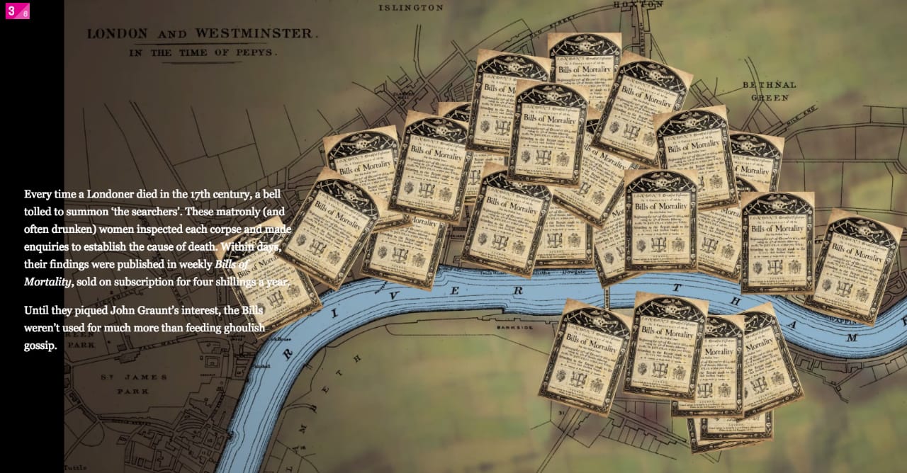 Bills of mortality accumulating on a map of London in "The Collectors (screenshot by the author for Hyperallergic)