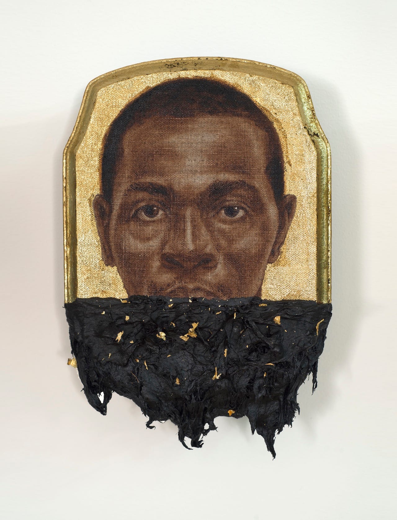 Titus Kaphar, "Jerome II" (2014), oil, gold leaf and tar on wood panel, 10 x 7 x 1 inches 