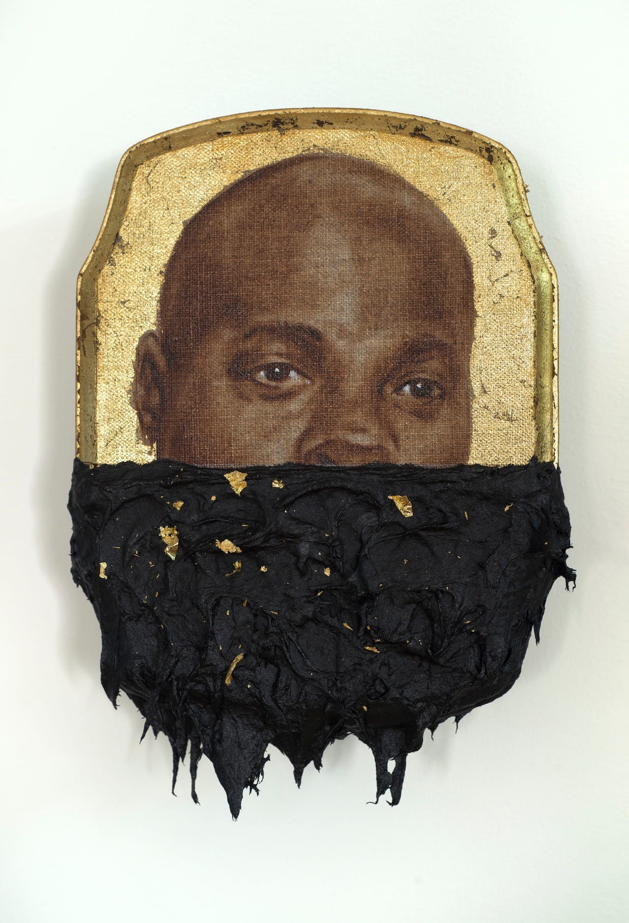 Titus Kaphar, "Jerome IV" (2014), oil, gold leaf and tar on wood panel, 10 x 7 x 1 inches