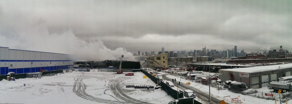 Warehouse fire on the Williamsburg waterfront  (photograph by Jack Zalium, via Flickr)