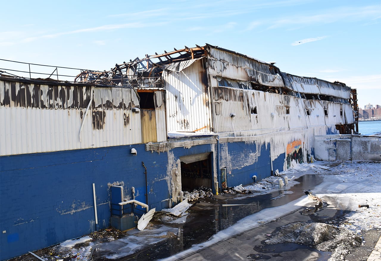 The burnt warehouse, as seen from Cern's studio at 1 North 12th Street