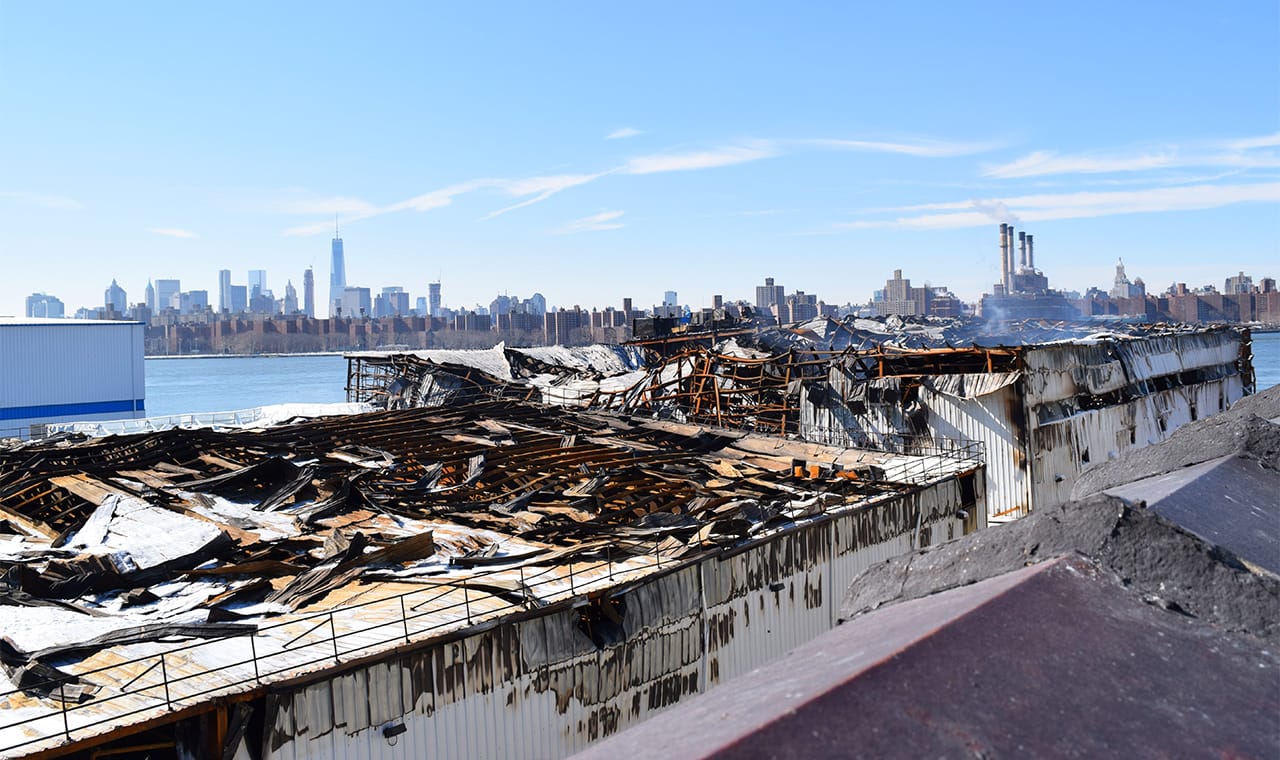 The burnt warehouse as seen from the roof of 1 North 12th Street