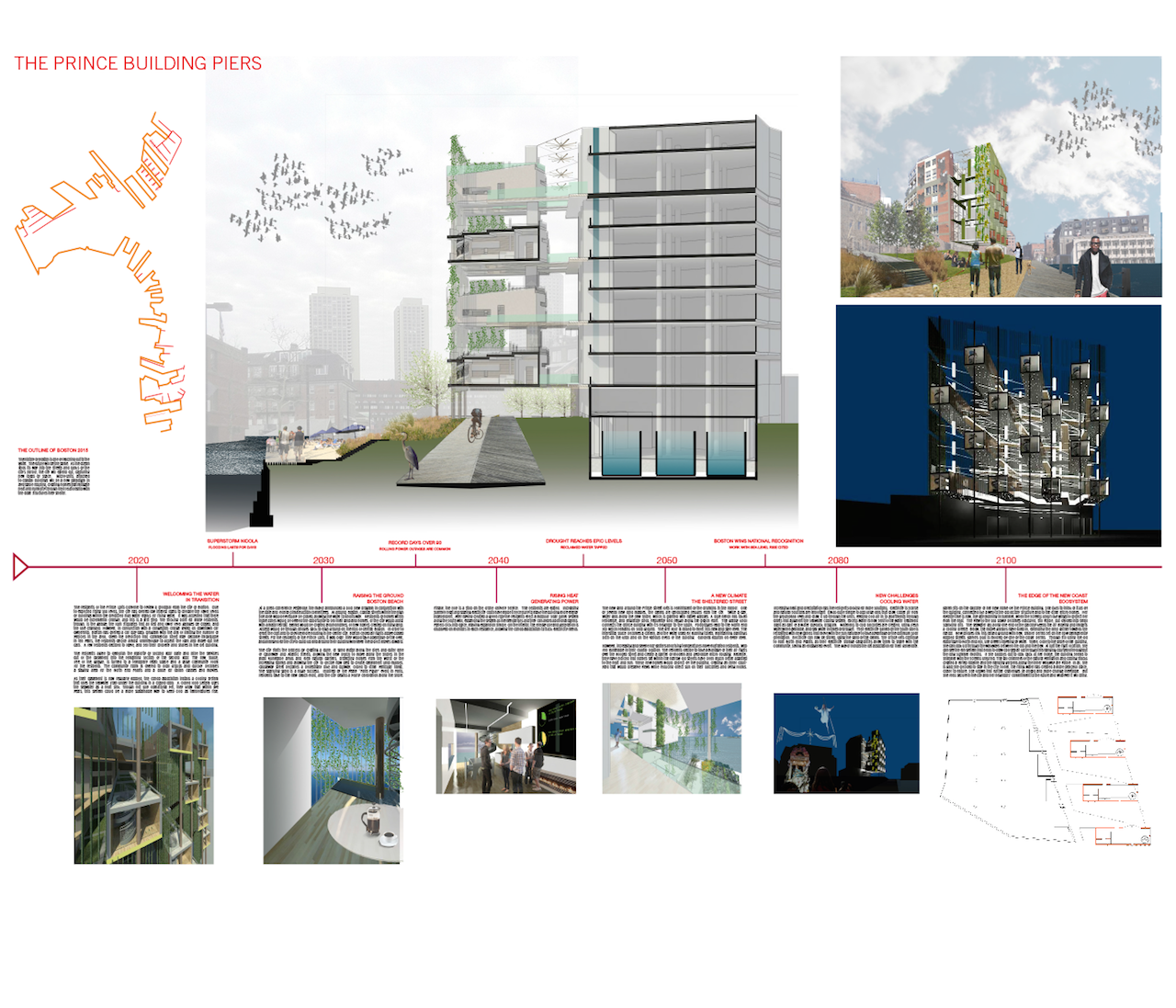 “The Prince Building Piers” led by Stephanie Goldberg AIA and Mark Reed AIA – Rather than trying to prevent seawater from entering the city, this proposal welcomes the water and surrenders the outer streetscapes to a new urban seashore that is a focus of recreation, ecological reclamation, and new cultural experiences.