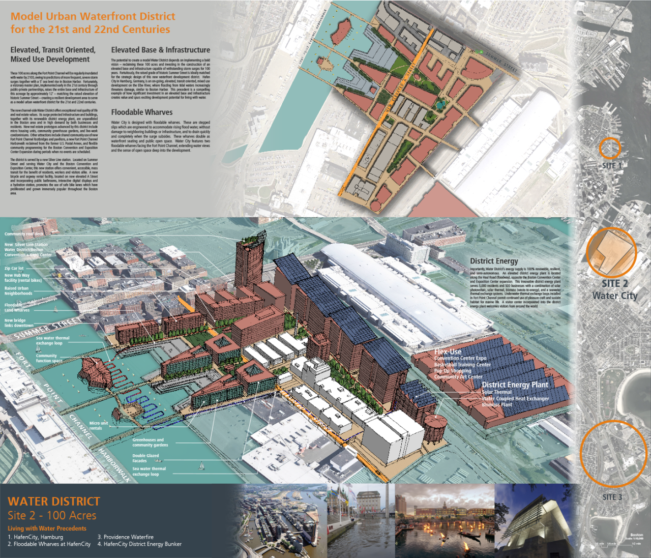 “Model Urban Waterfront District” led by Architerra Inc.– This proposal would raise the entire base and infrastructure of the 100-acre neighborhood by approximately twelve feet, matching the  raised elevation of historic Summer Street and creating a resilient development area to serve as a model urban waterfront district for the 21st and 22nd centuries.