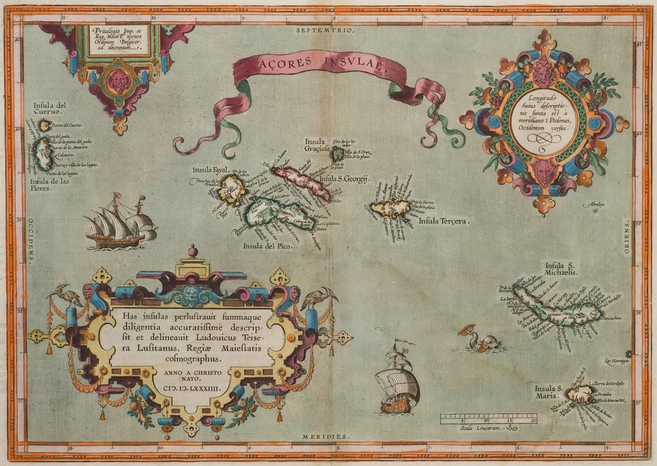 Abraham Ortelius Azores (Amsterdam, 1584) Ortelius's Azores map has three cartouches and a ribbon title, turning a document of relatively little information into an artwork. Columbus, returning from his first voyage, visited Insula S. Maria (lower right). Photograph by Paul Mutino.