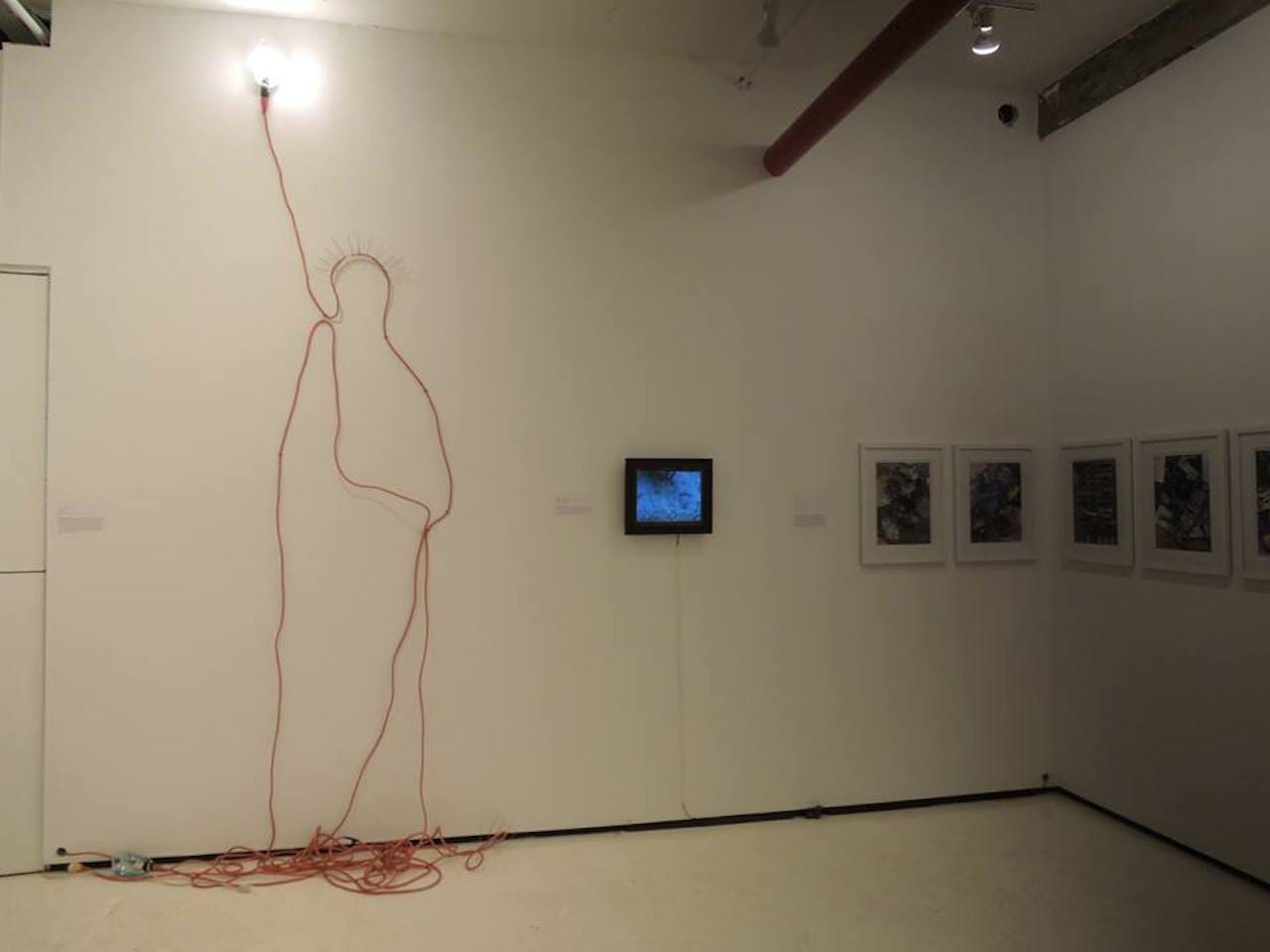 ALBERTO MARCOS BURSZTYN “Utilitarian Liberty” (2015), mixed media, 25’ utility lamps, pigeon spikes