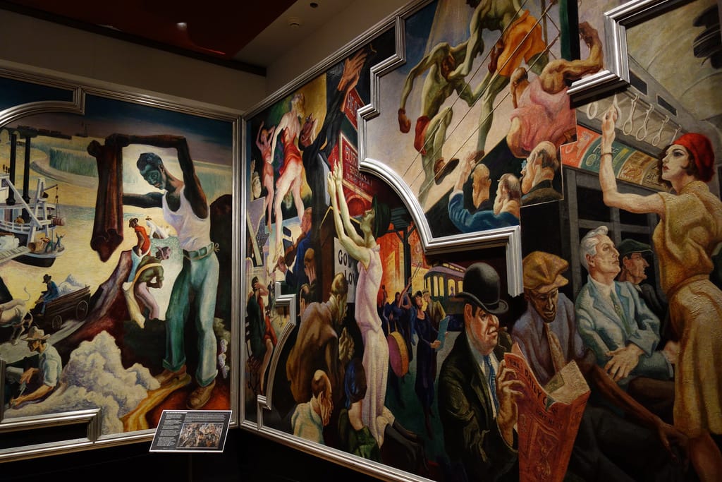 Installation view of 'Thomas Hart Benton's America Today Mural Rediscovered' at the Metropolitan Museum of Art (photo by the author for Hyperallergic)