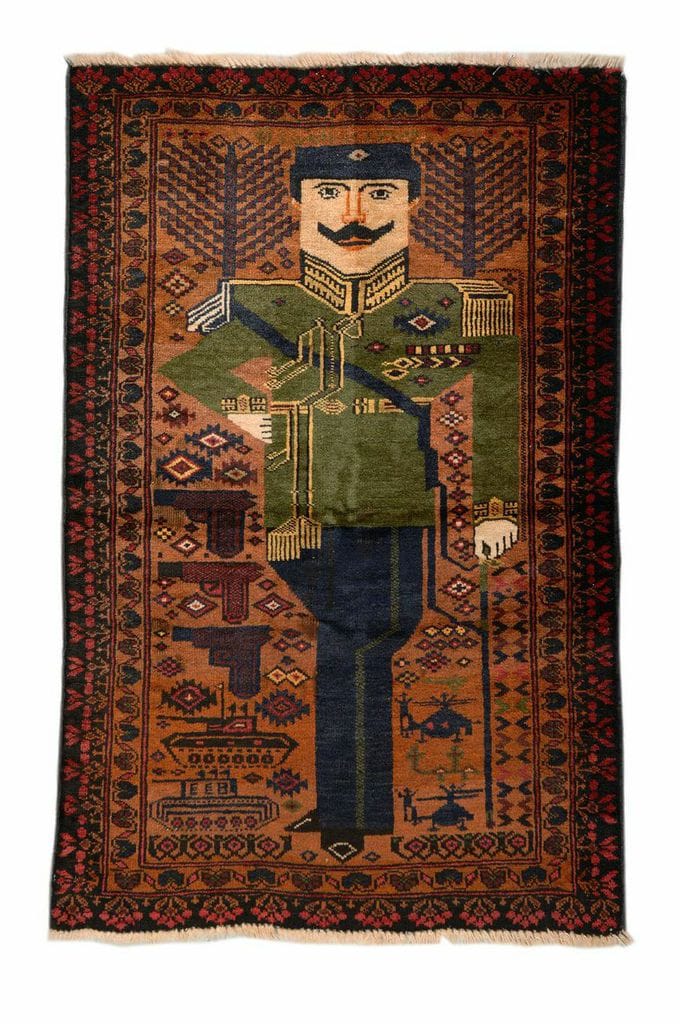 Unknown maker in Afghanistan, Portrait Rug (Amanullah Khan), date unknown; acquired in Peshawar, Pakistan, 1985. Knotted wool, 53 1/4 x 33 1/2 inches. Private collection. Image courtesy of SMoCA