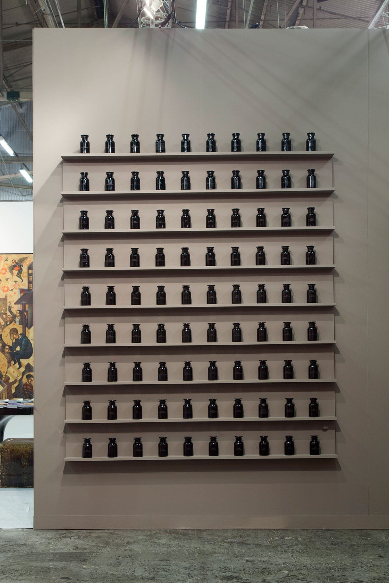 Installation view of Brandon Ballengée's 'The Frameworks of Absence' (2006–ongoing) showing the urns (photo by Casey Dorobek, courtesy Ronald Feldman Fine Arts, New York) (click to enlarge)
