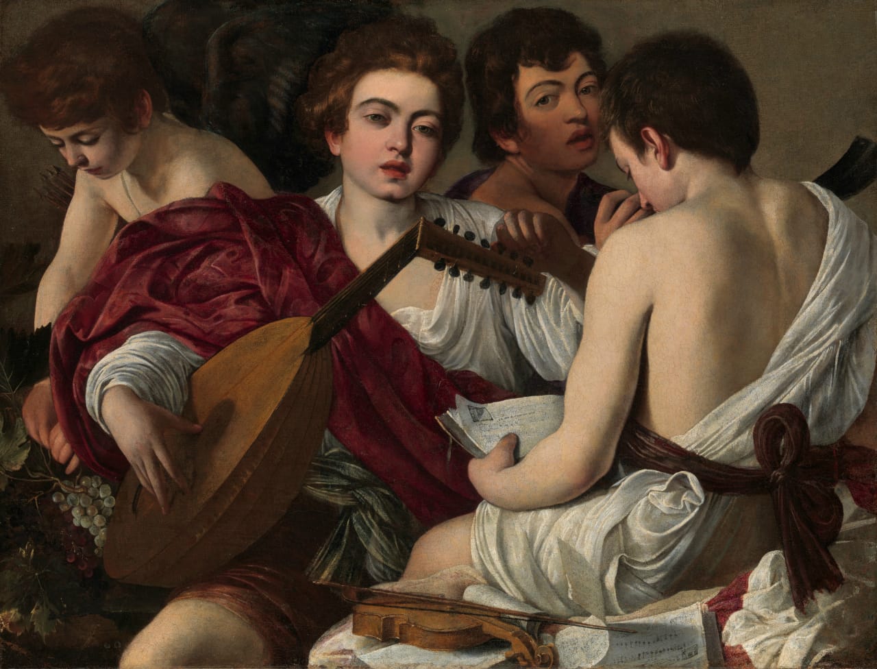 Caravaggio (Michelangelo Merisi) (Italian, Milan or Caravaggio 1571–1610 Porto Ercole) The Musicians Ca. 1595 Oil on canvas, 36 1/4 x 46 5/8 in. (92.1 x 118.4 cm)