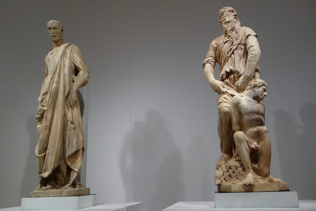 Donatello, "Prophet" (1435-36), marble; and "Abraham and Isaac" (1421), marble