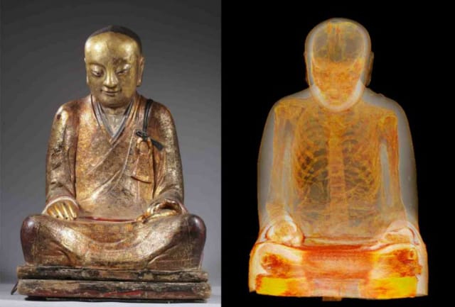 Mummified monk revealed inside a golden statue, recently on view at the Drents Museum,  Netherlands ( ©German-Mummy-Project Mannheim, courtesy Drents Museum)