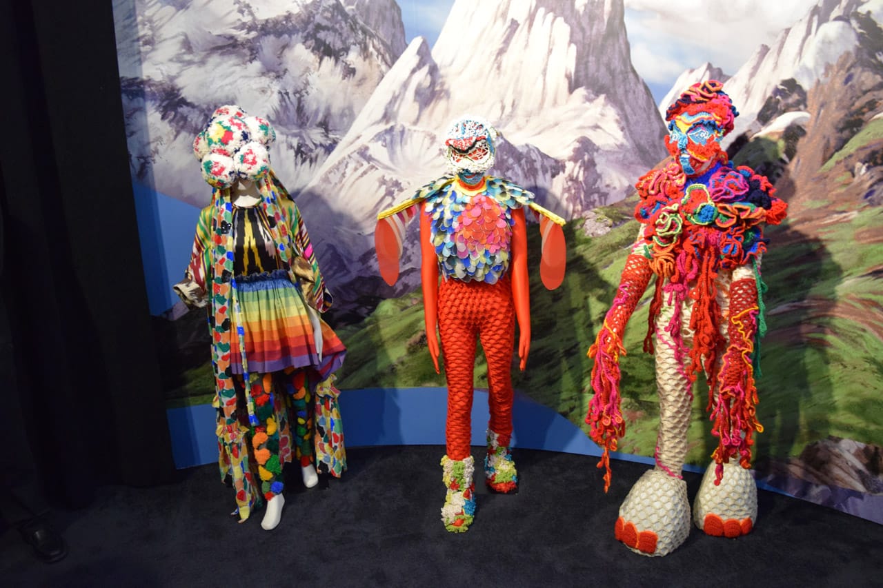 From left to right: Bernhard Willhelm, 'Volta' Tour Dress, The Icelandic Love Corporation, Second Skin (2004) and Wild Woman Voodoo Granny Doll Crochet (2007/15) (photo by Benjamin Sutton/Hyperallergic)