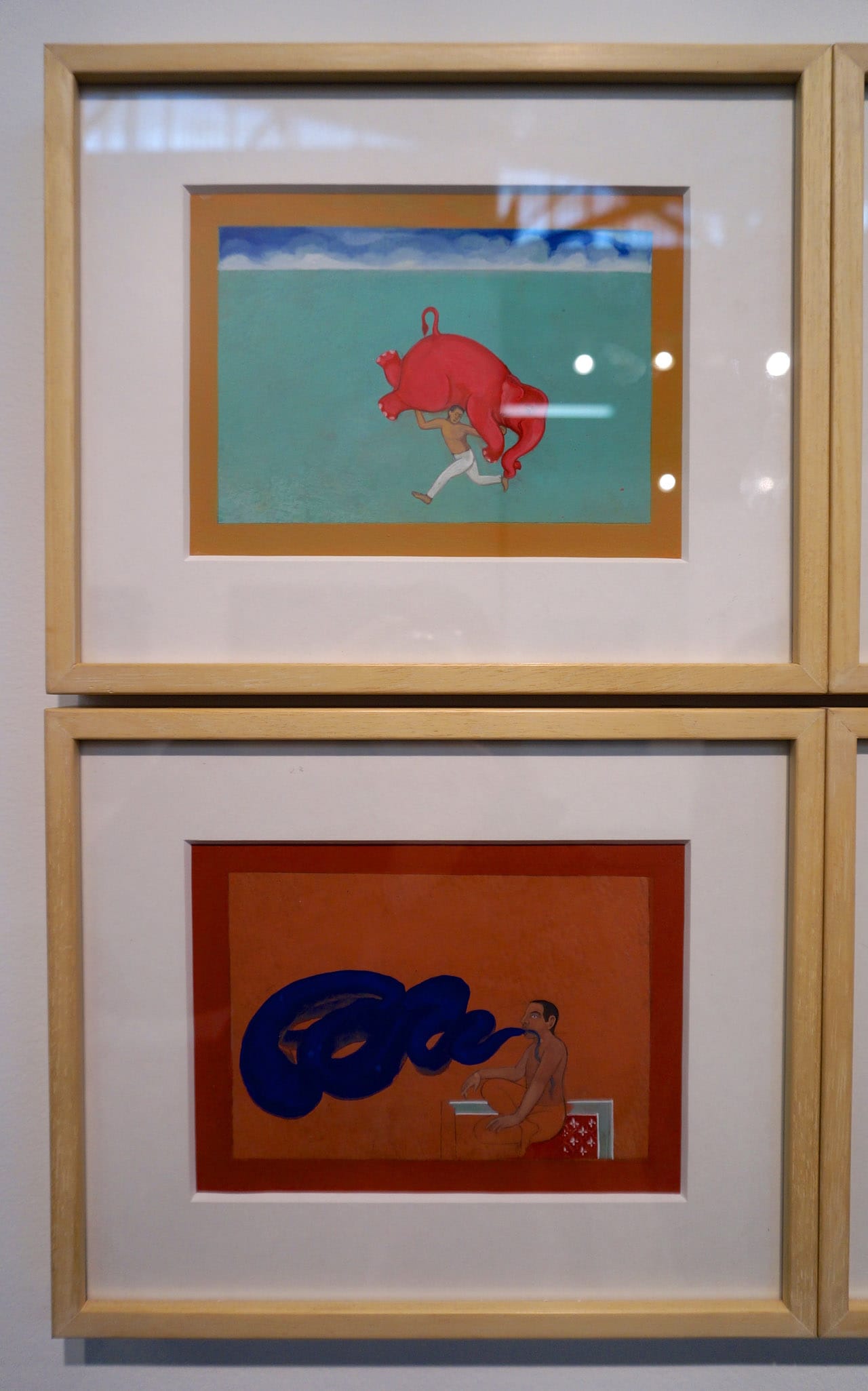 Work from Manjunath Kamath’s ‘Miniature’ series (2014), gouache and acrylic on paper, 5 x 7 in each, at Gallery Espace (click to enlarge)
