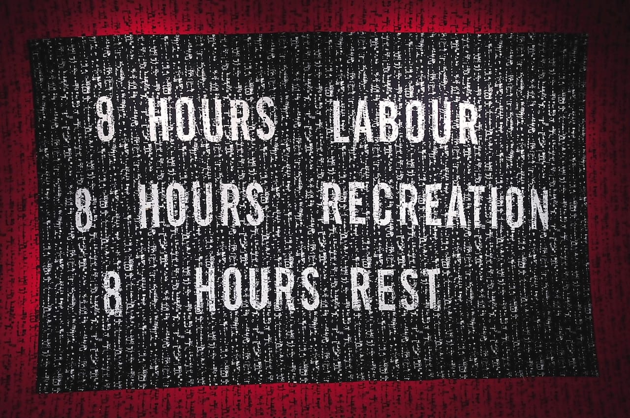 Punchcard Economy, Sam Meech, machine knitted wall hanging, photo by Paco Neumann, courtesy of transmediale