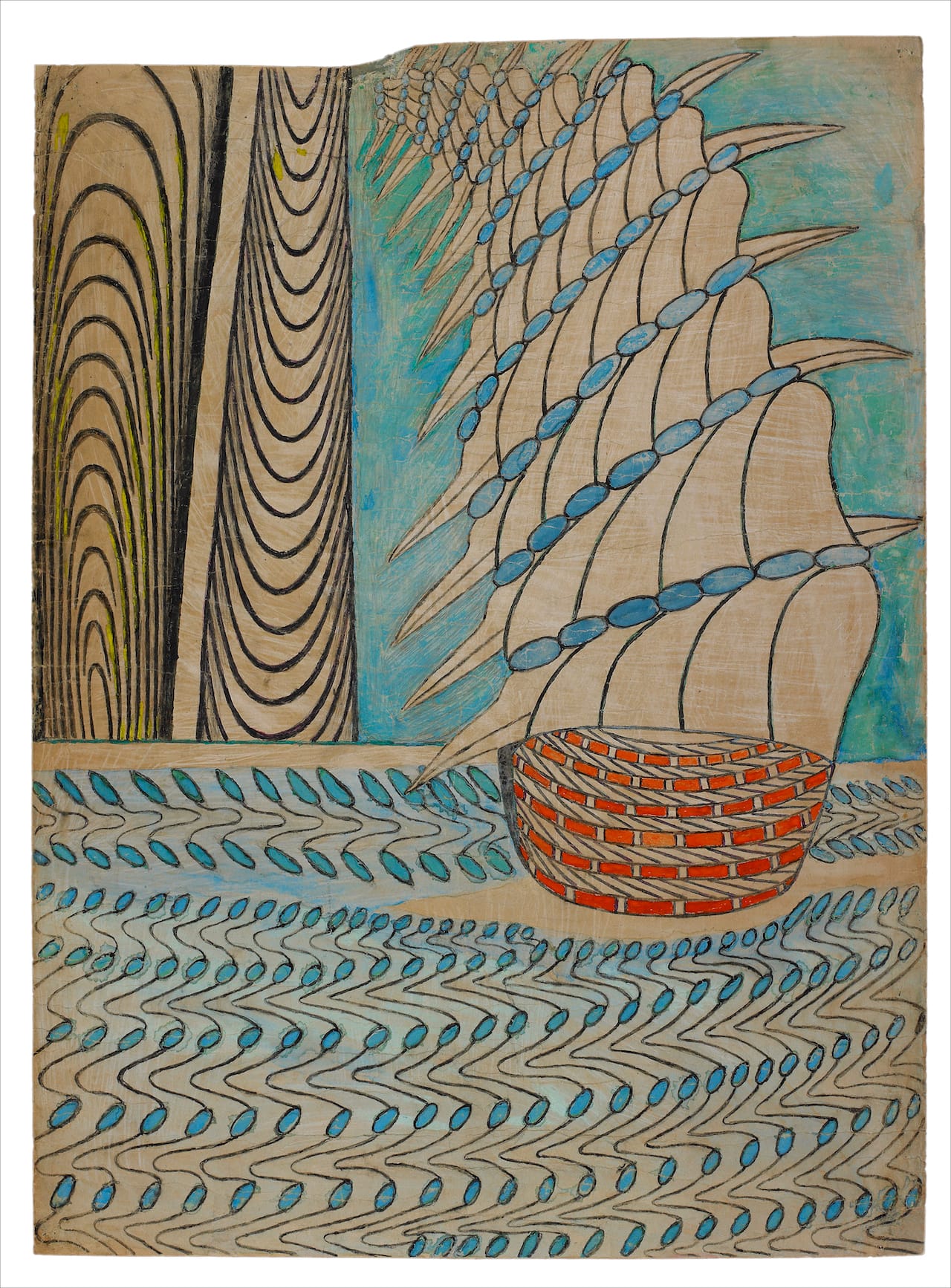 Untitled (Galleon on Water) c. 1960-63 Gouache, colored pencil and graphite on pieced paper 33 x 24 in; 84 x 61 cm