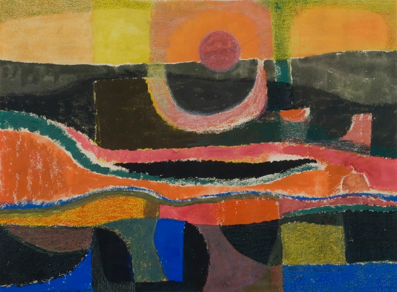 Sun and River (1949), watercolor and crayon on paper, 15 3/4 x 21 in, Collection Plains Art Museum 