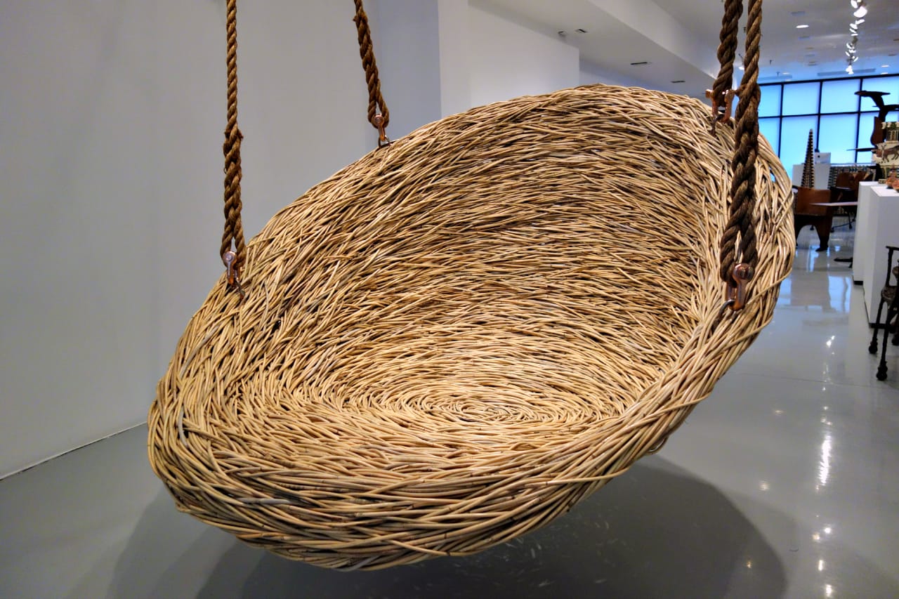 Custom hanging "Nest" sculpture by Porky Hefer (2014), woven cane with metal framing & jute ropes