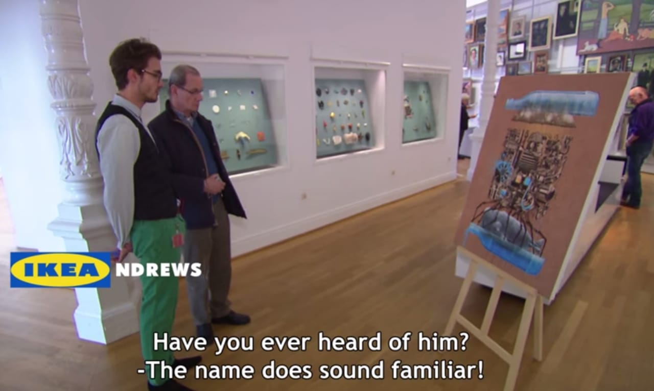 Viewing an IKEA painting as a museum piece (via lifehunterstv on YouTube, screenshot by the author for Hyperallergic)