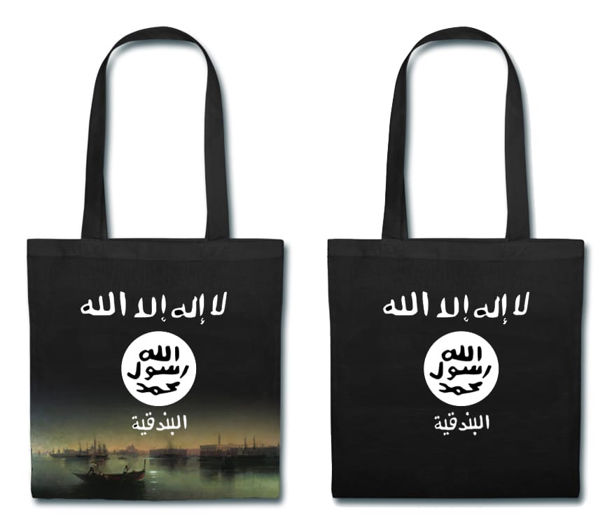 Limited edition tote bags that will be distributed at ISIS's Venice Biennale pavilion.