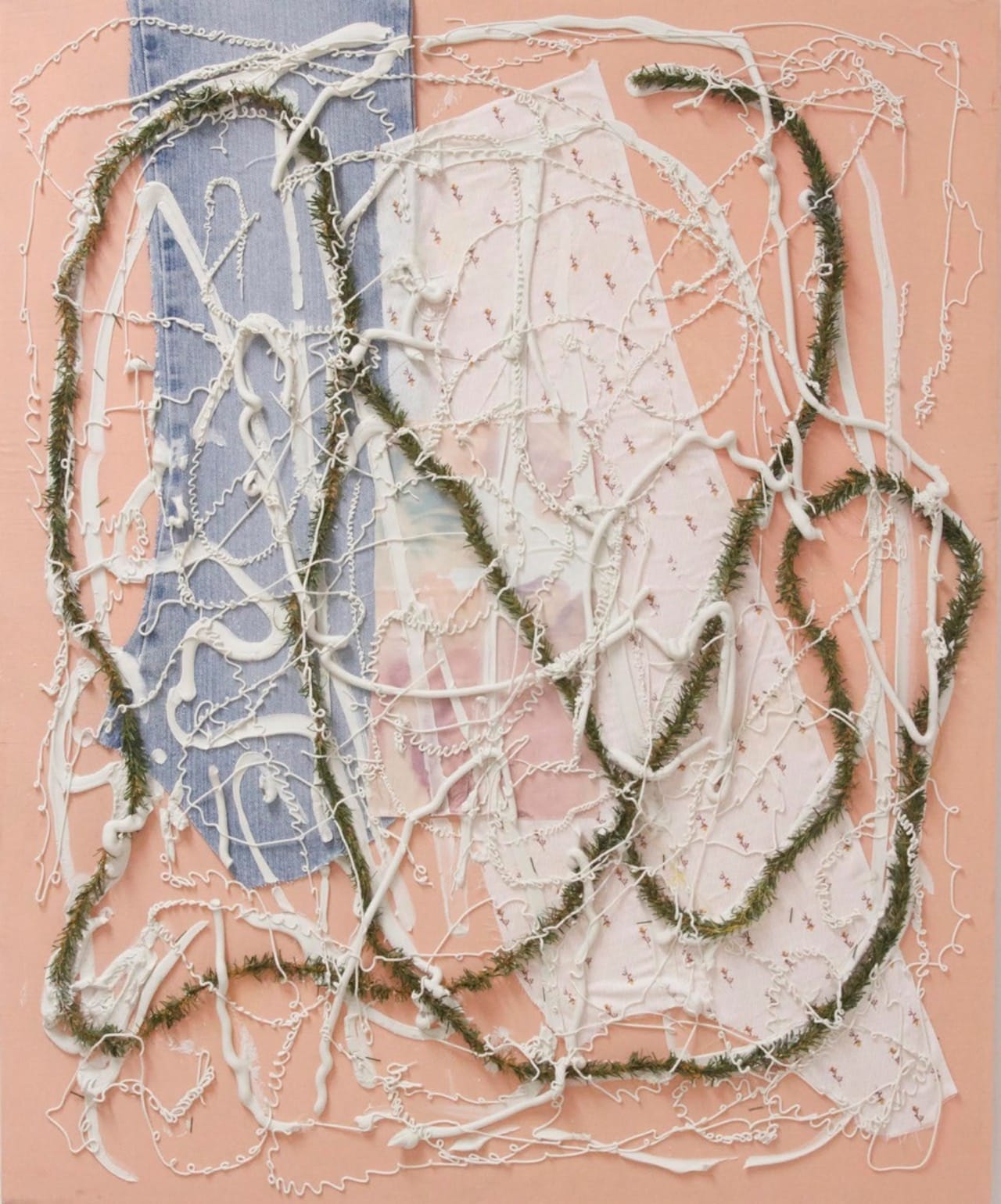 Pink, denim, garland, a prototypical example of Rajewski’s fluidity with materials.