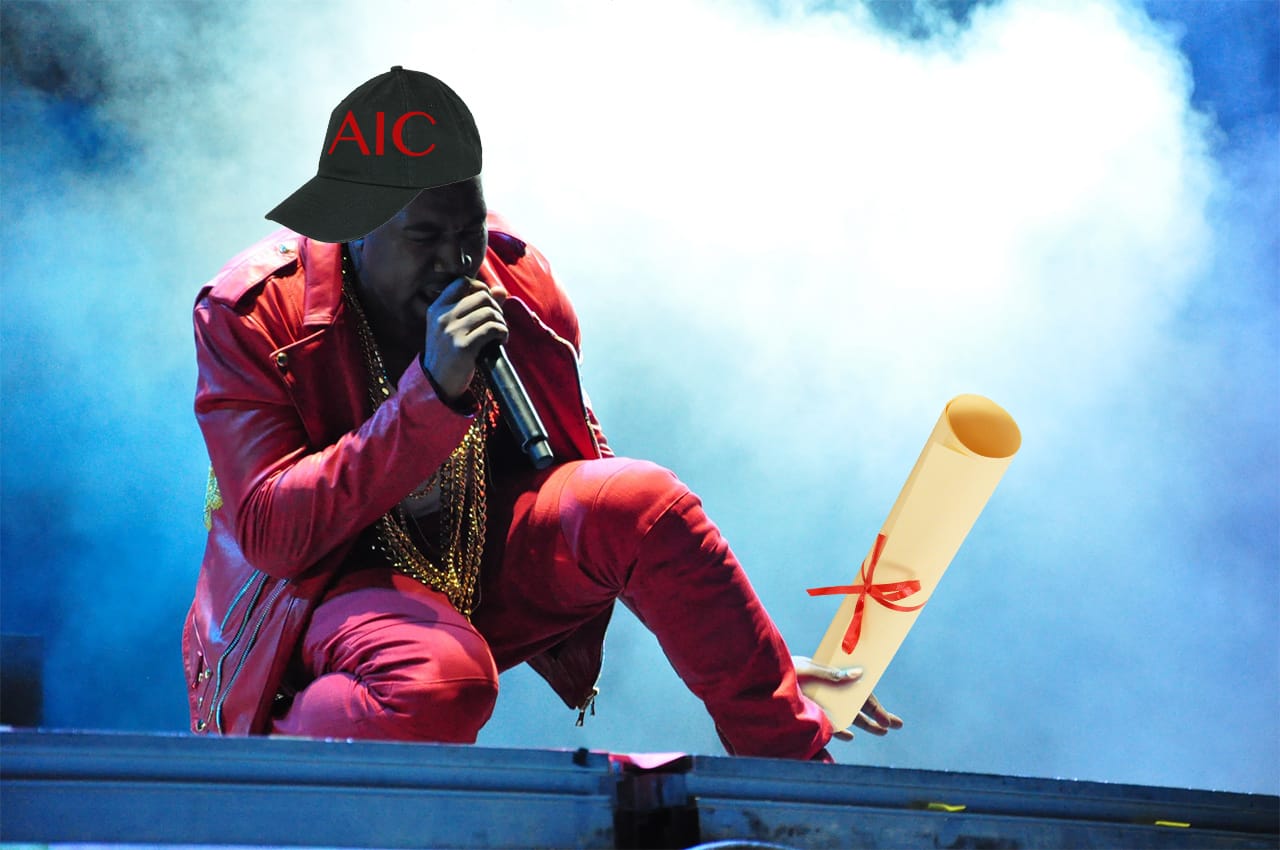 Kanye West accepting his honorary degree from the Art Institute of Chicago (rendering by the author for Hyperallergic)