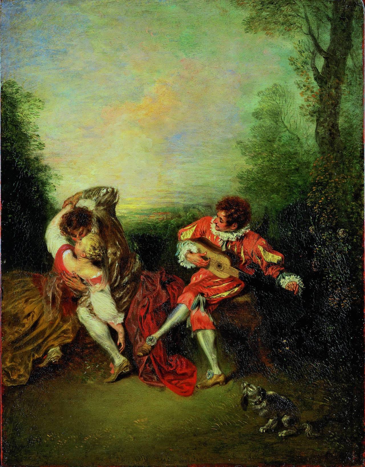 Jean-Antoine Watteau  La Surprise: A Couple Embracing While a Figure Dressed as mezzetin Tunes a Guitar, 1718-19  Oil on panel, 36.3 x 28.2 cm  Private Collection 